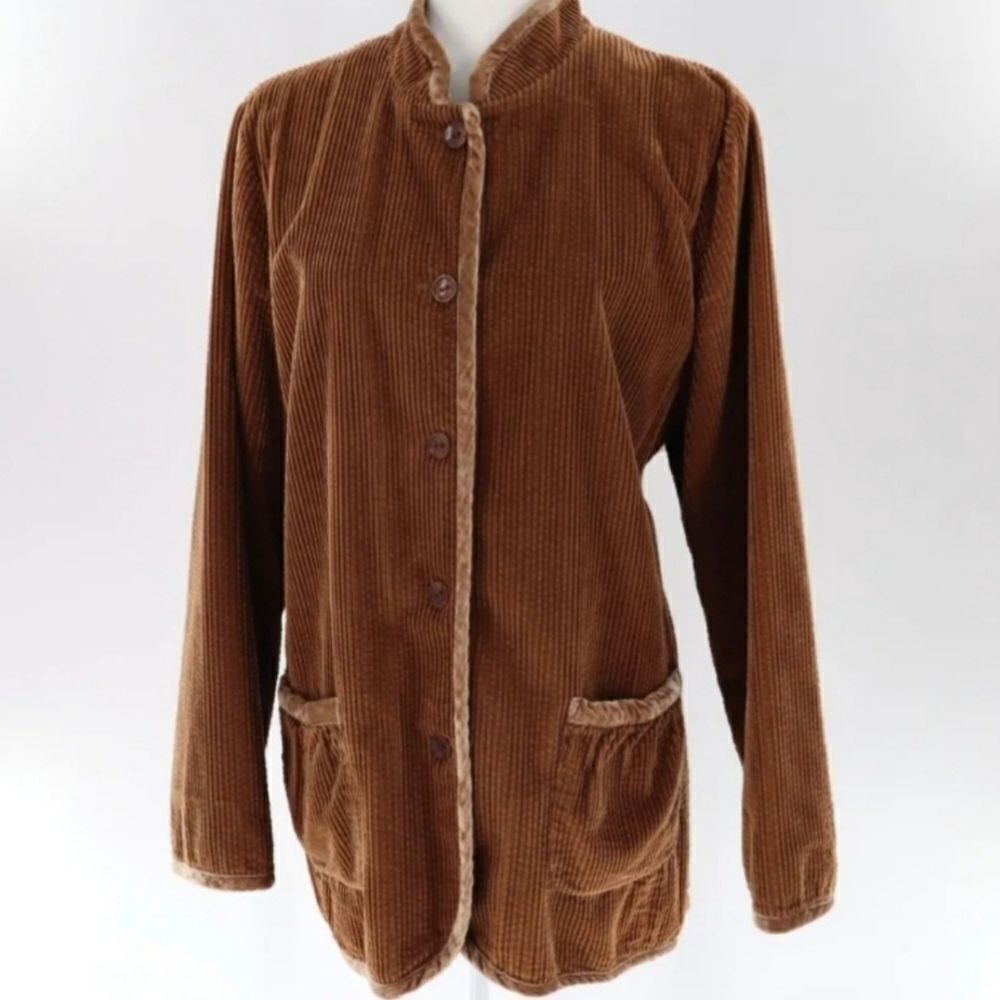 J.Jill Brown Velvet Trim Corduroy Long Blazer Jacket
